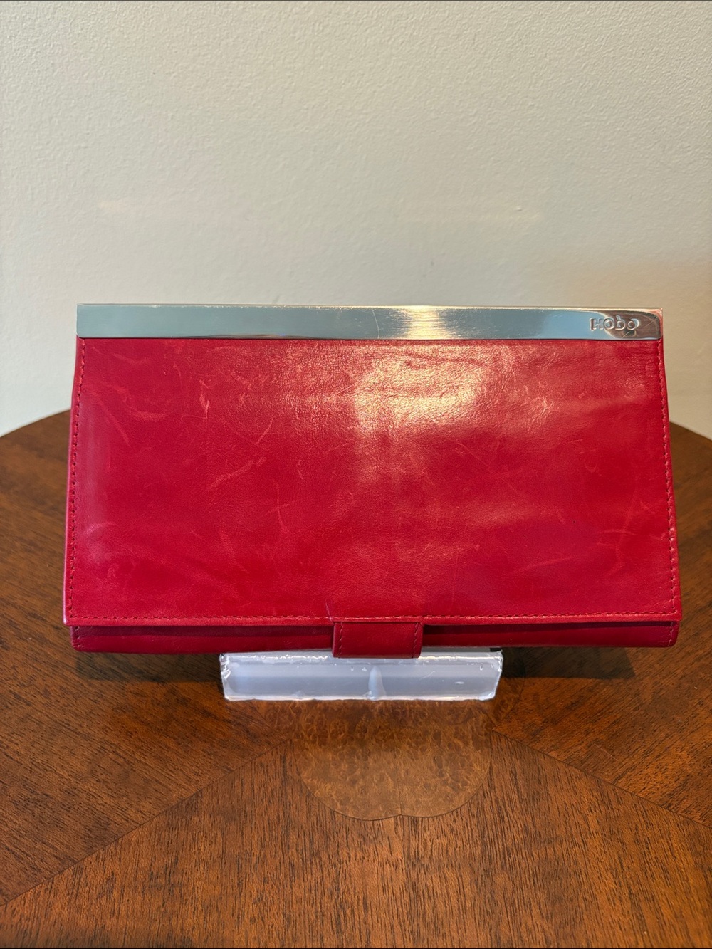 HOBO clutch wallet Leather smooth red 2 openings Silvertone trim